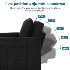 Upholstered Convertible Sleeper Sofa with 5-Position Backrest, Side Pockets, Storage, Black Chenille, 31.5'