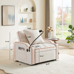 Convertible 3-in-1 Sofa Bed with USB Port and Multi-Pockets in Beige Velvet