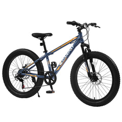 S24109 Elecony 24 Inch Fat Tire Bike Adult/Youth Full Shimano 7 Speeds Mountain Bike, Dual Disc Brake, High-Carbon Steel Frame, Front Suspension, Mountain Trail Bike, Urban Commuter City Bicycle