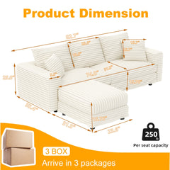 82.7 ' Plush Corduroy 3-Seat Sofa, Modern Comfy Upholstered Sofa Cloud Couch, Deep Seat Couches with Soft Pillows and 1 Ottomans, Convertible Sofa Lounge Chair, for Living Room,Apartment,Office,Beige