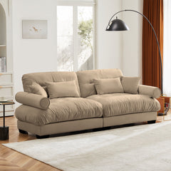 Modern Velvet Two-Seater Sofa with Bolstered Armrests and Pillows, Camel