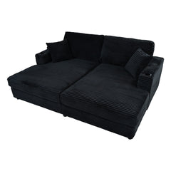 Oversized Loveseat Chaise Lounge Sectional Sofa Bed with USB Ports, Cup Holders, and Pillows, Black Corduroy