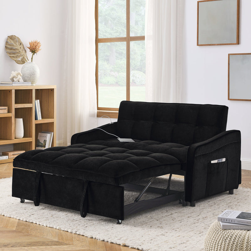 Loveseats Sofa Bed with Pull-out Bed,Adjsutable Back and Two Arm Pocket,TypeC and USB Charging with Copper nail,Black (47'x53'x31')