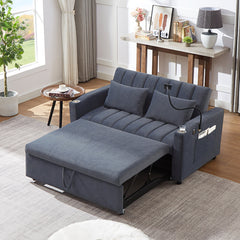 Convertible Sofa Bed Loveseat with USB Ports, Side Pockets, Cup Holders, and Phone Holder in Blue Grey Bella Fabric, 55.9'