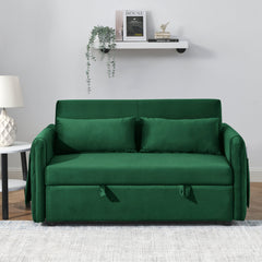55' Modern Convertible Sofa Bed with 2 Detachable Arm Pockets, Velvet Loveseat Sofa with Pull Out Bed, 2 Pillows and Living Room Adjustable Backrest, Grid Design Armrests