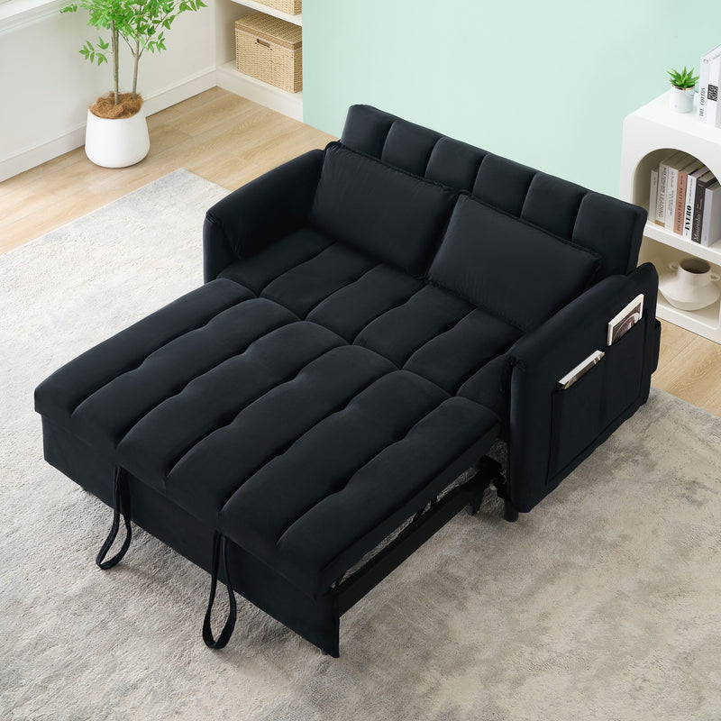 52 'black modern velvet sofa, sofa pull-out bed, small love seat casual sofa with back, pillow, pockets, living room furniture, 3 in 1 convertible sleep sofa bed.