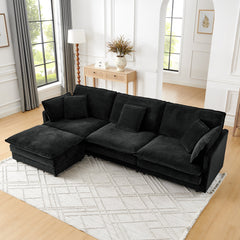 Modern Home Living Room L-Shaped Sectional Sofa Couches with Ottoman, Convertible Oversized 4 Seater Couch Towel Fabric, Black