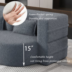 Modern Floor Sofa, with 2 Pillows, Convertible Teddy Fabric Foam Filled Bed, 15 inch Full Size Folding Mattress, Suitable for Living Room, Guest room, Game Room, Grey