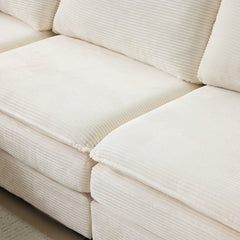 136' Plush Cloud 3-seater Sofa: Modular 4-seater Sofa + 2 Footstools with 22' Beige Chenille Cushions + 2 Throw Pillows - Compact Size for Apartment, Living Room, Bedroom (Beige)