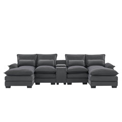 Modern U-shaped 6-Seat Sofa with Console, Cupholders, USB Ports, Velvet Upholstery in Gray