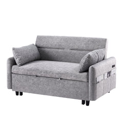 Contemporary Grey Pull Out Sleep Sofa Bed Loveseat with Adjustable Backrest, Storage Pockets, USB Ports and 2 Soft Pillows