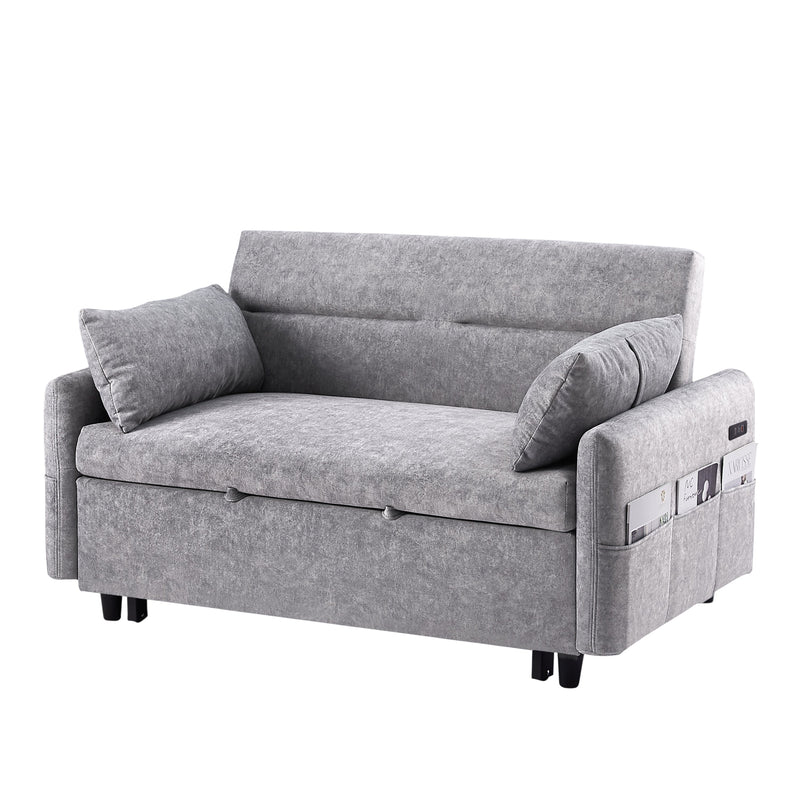 Contemporary Grey Pull Out Sleep Sofa Bed Loveseat with Adjustable Backrest, Storage Pockets, USB Ports and 2 Soft Pillows