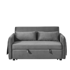 55' Modern Convertible Sofa Bed with 2 Detachable Arm Pockets, Velvet Loveseat Sofa with Pull Out Bed, 2 Pillows and Living Room Adjustable Backrest, Grid Design Armrests