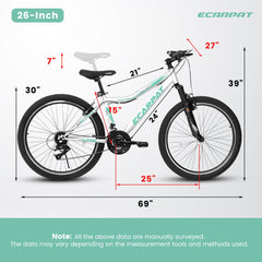A26208 Ecarpat 26  Inch Mountain Bike, 21-Speed V-Brake, Front Suspension,  Carbon Steel Frame Mountain Bike For  Teenagers Girls Women Bicycles W2563P180664