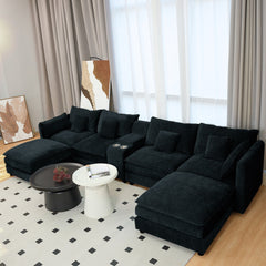 U Shaped Sectional Cloud Couch for Living Room,144' Comfy Fluffy Modular Sofa with Movable Ottoman Modern Chenille 6 Seat Sectional Sofa Set with Console, Cup Holders,Black
