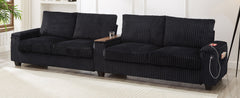 Modern 4-Seater Corduroy Sofa Couch with USB Ports and Hidden Storage in Black
