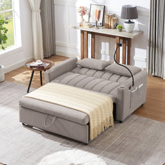 Convertible Sofa Bed Loveseat with USB Ports, Side Pockets, Cup Holders & Swivel Phone Holder, Light Grey Bella Fabric