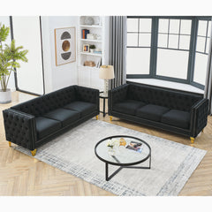 {Contact us for 3D modeling} Velvet Sofa for Living Room,Buttons Tufted Square Arm Couch, Modern Couch Upholstered Button and Metal Legs, Sofa Couch for Bedroom, Black Velvet ,2PCS
