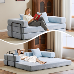 Floor Couch,Compression Sofa,Convertible Floor Sofa Bed-with Pillow Back Support Armrest,Comfy Futon Couch Lounge Sleeper Bed,Chenille fabric,for Living Room Bedroom (LIGHT-BLUE)