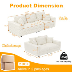 82.7 ' Plush Corduroy 3-Seat Sofa, Modern Comfy Upholstered Sofa Cloud Couch, Deep Seat Couches with Soft Pillows and 2 Ottomans, Convertible Sofa Lounge Chair, for Living Room,Apartment,Office,Beige