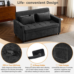 Contemporary 56.9' Loveseat Sofa Bed Sleeper with Reversible Backrest, Side Pockets, USB Ports, Phone Holder, Black Chenille