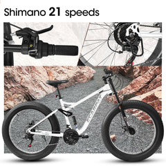 A26309 26 inch Mountain Bike,Full-Suspension 21 Speeds Drivetrain with Disc-Brake MTB Bicycle, 26*4' Fat tire Bike for Men white