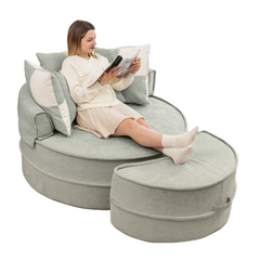 Modern Oversized Blue Round Barrel Accent Chair with Ottoman - Velvet Upholstered Lounge Armchair with 5 Pillows for Living Room or Bedroom