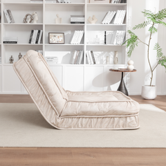 Upholstered Human Dog Bed for Adults and Pets - Bean Bag Floor Sofa with Massage Pillow, 5 Adjustable Positions & 2 Soft Pillows - Beige Velvet with Foam and Iron - Plastic Frame