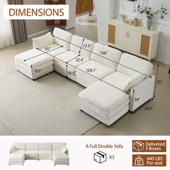 136' Plush Cloud 3-seater Sofa: Modular 4-seater Sofa + 2 Footstools with 22' Beige Chenille Cushions + 2 Throw Pillows - Compact Size for Apartment, Living Room, Bedroom (Beige)
