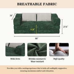 80 ' Convertible Couch Bed with 2 Pillows, 3-Seat Folding Floor Couch & King Size Bed Mattress, DIY Combination, Chenille, GREEN