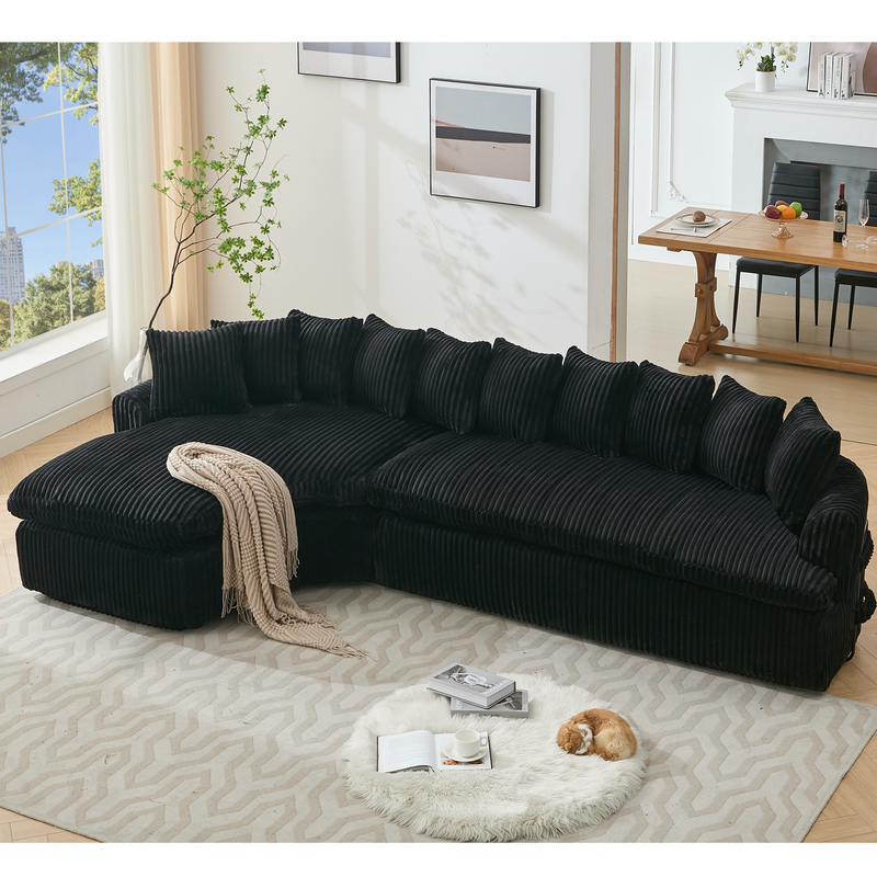 [NEW ARRIVED] [VIDEO PROVIDED]   127''  Large Sectional Sofa ,Elegant Curved Design ,High-Resilience Foam ,Ten Back Cushions,L-Shape Left Sofa,No Assembly  Required , (Black
-Soft Corduroy Fabric)