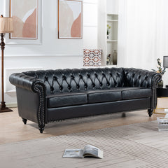 84.65' BLACK PU Rolled Arm Chesterfield Three Seater Sofa.