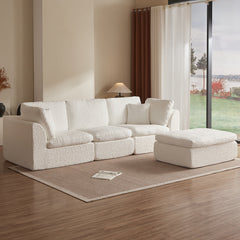 Cloud Style L-Shape Modular Sectional Sofa with Ottoman, 3 Seater Convertible Couch in Warm White, Chenille Fabric, 110' Width