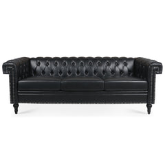 Traditional Black PU 3-Seater Sofa with Removable Cushions and Birch Legs, 83.66 Inch Width