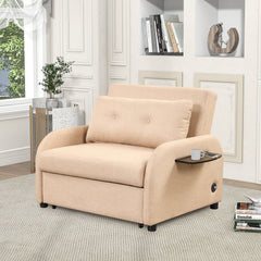 Versatile Pull Out Sofa Sleeper 3 in 1 with Wing Table & USB Charge, Beige Linen, Compact Design
