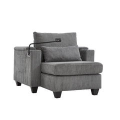 Convertible Chaise Lounge Sofa Chair Corduroy Sleeper with USB Ports, Cup Holders, Storage, Grey