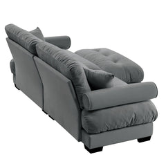 Modern Grey Velvet Two-Seater Sofa with Ottoman and Round Bolster Armrests, L Shape for Living Room