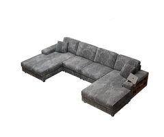 Convertible U-shaped Combination Sofa, Corduroy Fabric, Modern Comfortable Large Size 4 Seat Sofa, Living Room Double Lounge Chair , Dark Grey