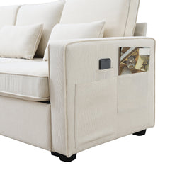 [VIDEO provided] [New] 114.2' Upholstered Sofa with Console, 2 Cupholders and 2 USB Ports Wired or Wirelessly Charged, Modern Linen Fabric Couches with 4 Pillows for Living Room, Apartment (4-Seat)