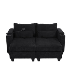 Convertible Chaise Lounge 63' Loveseat Sofa Bed with USB Ports, Cup Holders, Phone Holder & Storage, Black Corduroy
