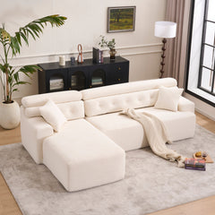 LY-029B Convertible Chaise Sectional Sofa, Full Compression Sponge Modular Couch, Cloud White 3-Seater, Wood Grain Chenille, 2 Pillows, 86'L