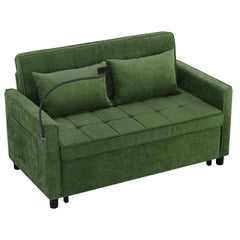 Convertible Loveseat Sofa Bed with Adjustable Backrest, USB Ports, Phone Holder, Side Pockets, Green Chenille, 56.9'