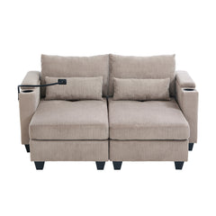 Convertible Chaise Lounge 63' Loveseat Sofa Bed with USB Ports, Cup Holders, Phone Holder, Storage, Brown Corduroy