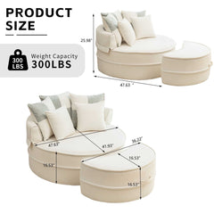 Modern Oversized Beige Round Barrel Accent Chair with Ottoman - Velvet Upholstered Lounge Armchair with 5 Pillows for Living Room or Bedroom