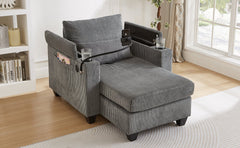 Convertible Chaise Lounge Sofa Chair Corduroy Sleeper with USB Ports, Cup Holders, Storage, Grey