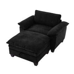 51' Oversize Chaise Lounge Chair with Ottoman and Storage  Upholstered Soft Chenille Black