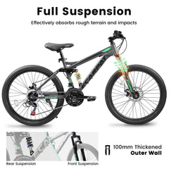 A2460 24 Inch Mountain Bike with Full Suspension, 21 Speed Shifter Lever with Gear Indicator, High Carbon Steel Frame, Mechanical Disc Brakes, Unisex for Men/Women/ Adults, Ideal for Trails.