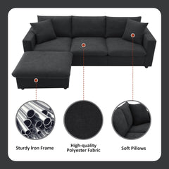 Modern Sectional Sofa with Convertible Ottoman and 2 Free Pillows, L-shaped 4-Seat Polyester Fabric Couch Set, Black