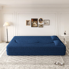 Modern Floor Sofa with 2 Pillows,Convertible Teddy Fabric Foam Filled Sleeper Sofa Bed,15 ' Full Size Folding Mattress for Living Room,Guest Bed,Playroom,no assembly required,Blue