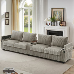 Modern 4-Seater Corduroy Sofa Couch with USB Ports, Hidden Storage Arms, and Flip-Top Cup Holders, Brown, 133 Inches